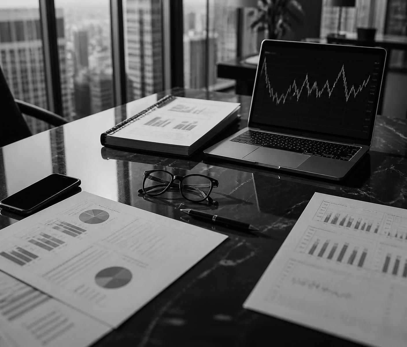 Printed financial charts, a laptop showing a market graph, reading glasses and a pen on a desk overlooking a city skyline